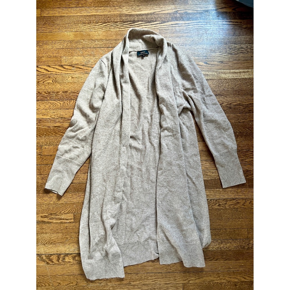 Quince 100% Mongolian Cashmere Longline Open Front Cardigan Oatmeal Beige Medium